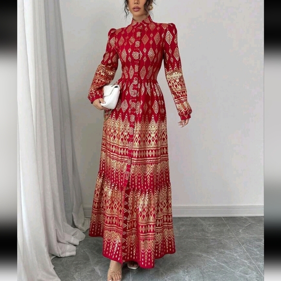 Women's Stand Collar Long Sleeve Foil Trim Waist Flare Cuff Dress Autumn/Winter - Picture 1 of 5